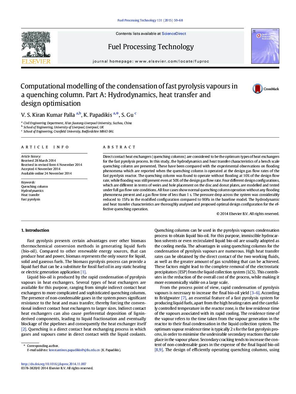 Computational modelling of the condensation of fast pyrolysis vapours in a quenching column. Part A: Hydrodynamics, heat transfer and design optimisation