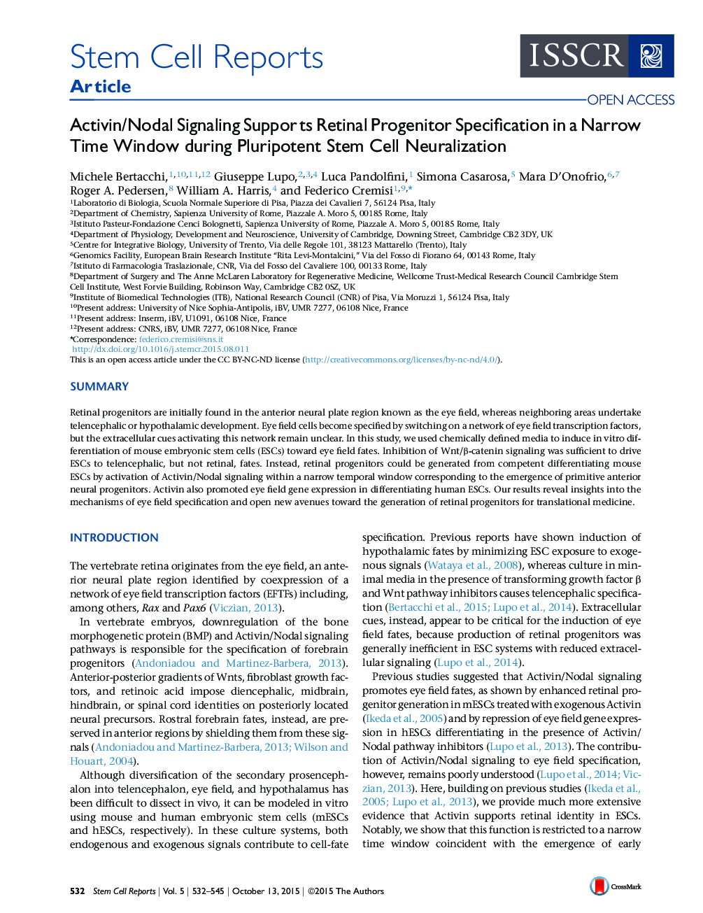 Activin/Nodal Signaling Supports Retinal Progenitor Specification in a Narrow Time Window during Pluripotent Stem Cell Neuralization 