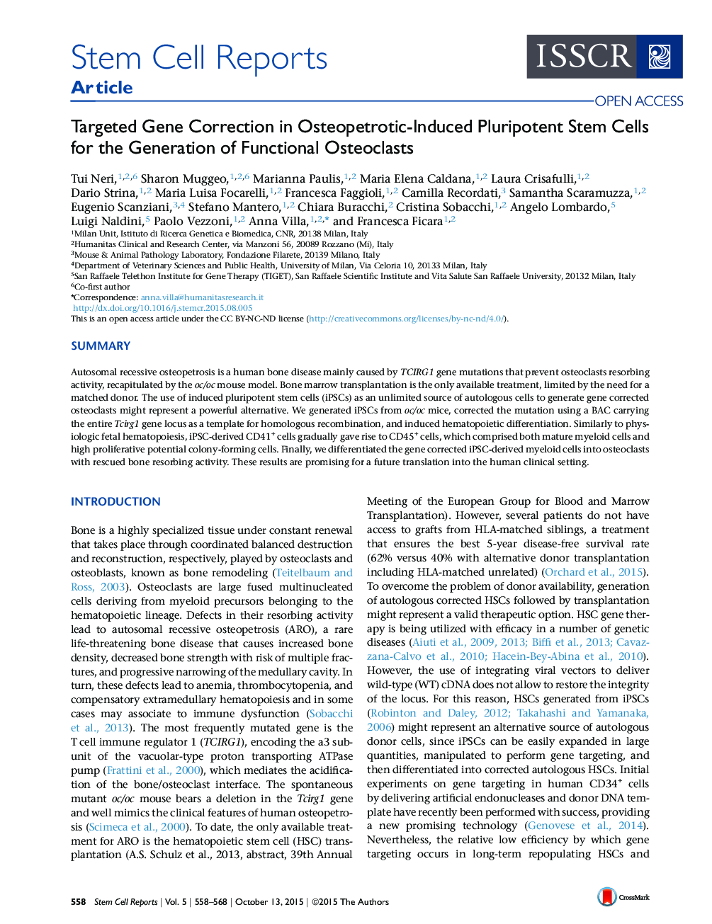 Targeted Gene Correction in Osteopetrotic-Induced Pluripotent Stem Cells for the Generation of Functional Osteoclasts 