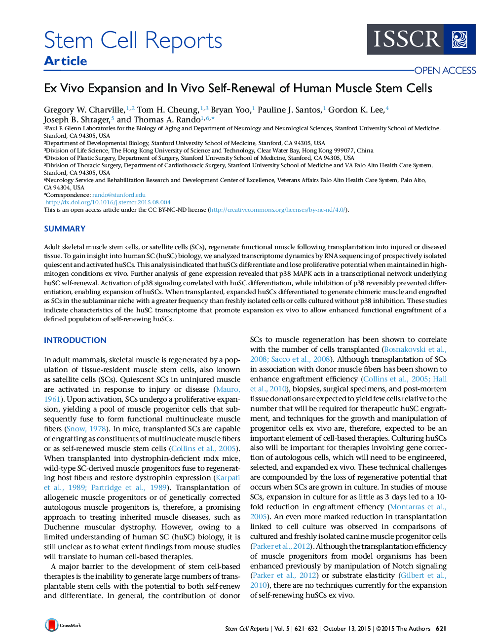Ex Vivo Expansion and In Vivo Self-Renewal of Human Muscle Stem Cells 