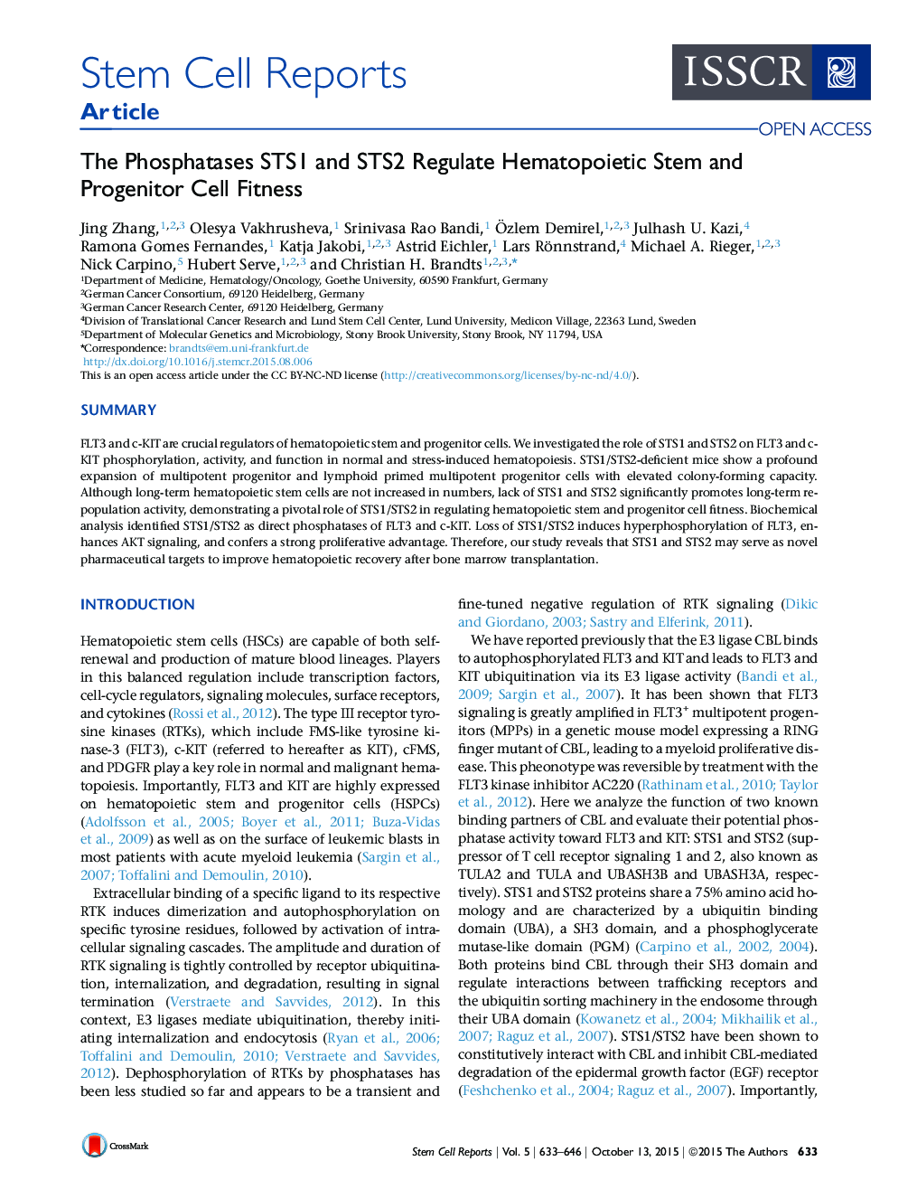 The Phosphatases STS1 and STS2 Regulate Hematopoietic Stem and Progenitor Cell Fitness 