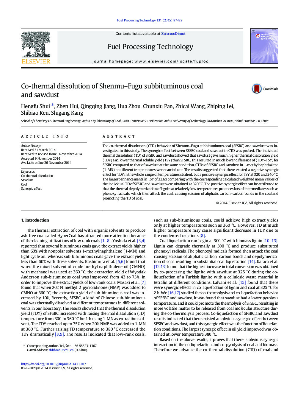 Co-thermal dissolution of Shenmu–Fugu subbituminous coal and sawdust