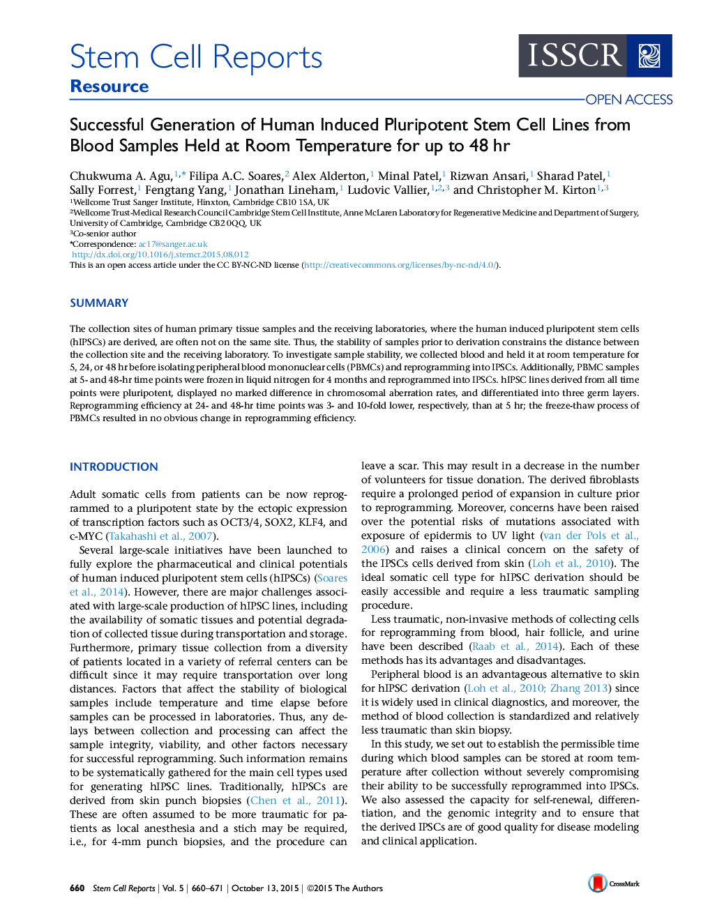 Successful Generation of Human Induced Pluripotent Stem Cell Lines from Blood Samples Held at Room Temperature for up to 48 hr 