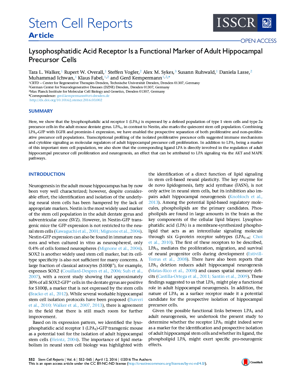 Lysophosphatidic Acid Receptor Is a Functional Marker of Adult Hippocampal Precursor Cells