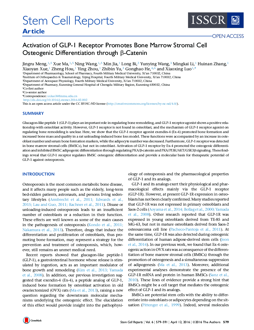 Activation of GLP-1 Receptor Promotes Bone Marrow Stromal Cell Osteogenic Differentiation through β-Catenin 