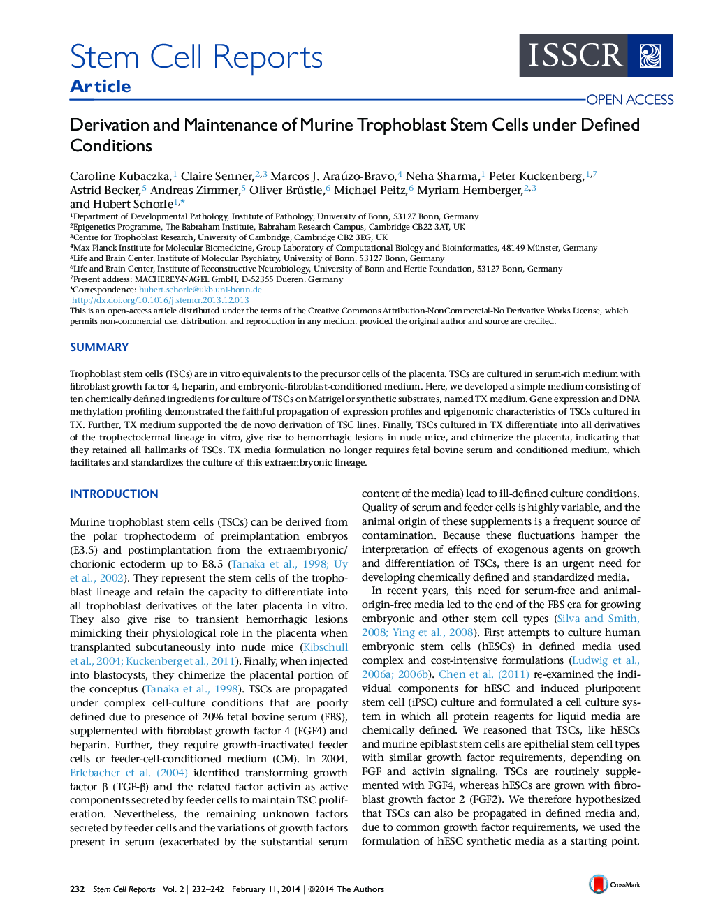Derivation and Maintenance of Murine Trophoblast Stem Cells under Defined Conditions 