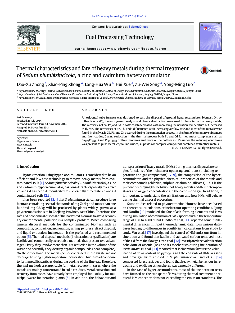 Thermal characteristics and fate of heavy metals during thermal treatment of Sedum plumbizincicola, a zinc and cadmium hyperaccumulator