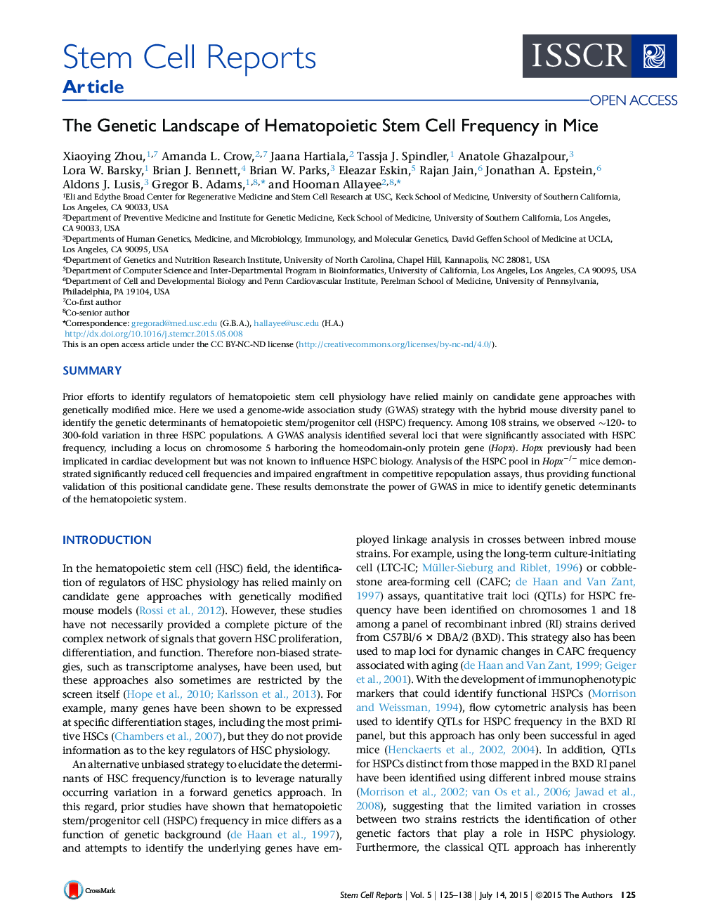 The Genetic Landscape of Hematopoietic Stem Cell Frequency in Mice 