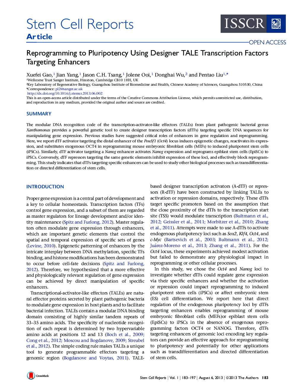 Reprogramming to Pluripotency Using Designer TALE Transcription Factors Targeting Enhancers 