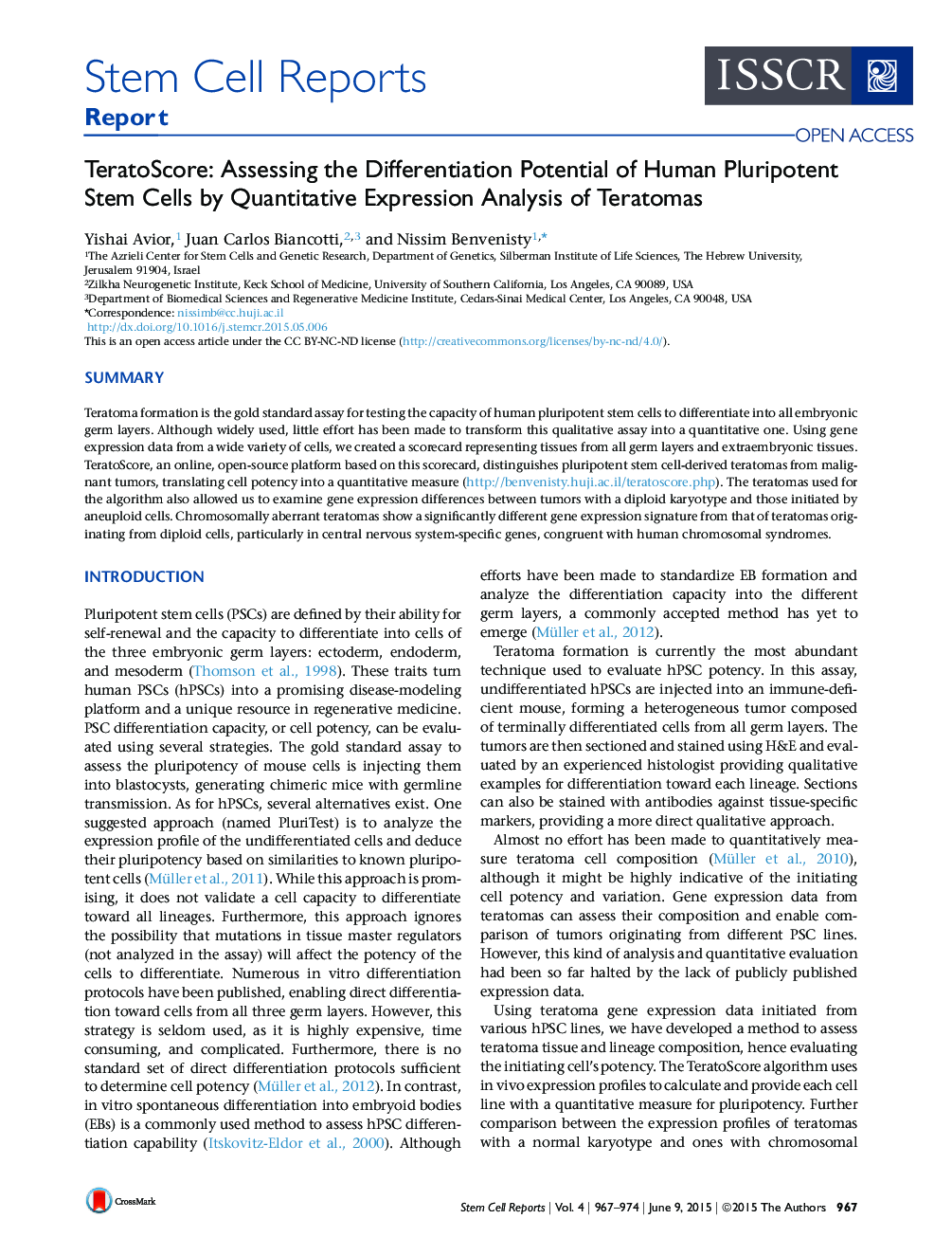 TeratoScore: Assessing the Differentiation Potential of Human Pluripotent Stem Cells by Quantitative Expression Analysis of Teratomas 