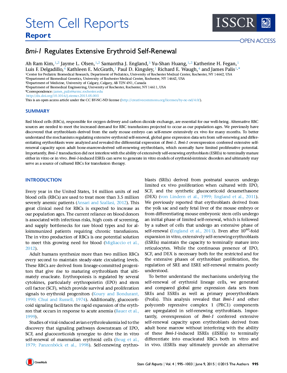 Bmi-1 Regulates Extensive Erythroid Self-Renewal 