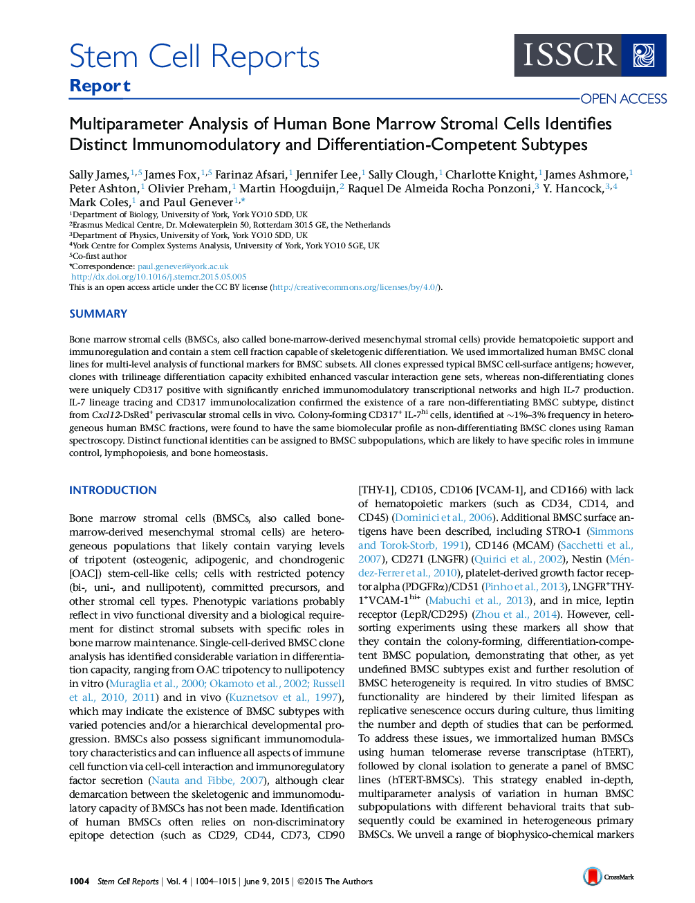 Multiparameter Analysis of Human Bone Marrow Stromal Cells Identifies Distinct Immunomodulatory and Differentiation-Competent Subtypes 