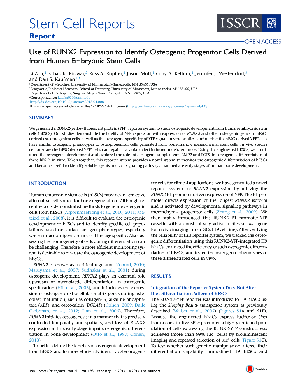 Use of RUNX2 Expression to Identify Osteogenic Progenitor Cells Derived from Human Embryonic Stem Cells 