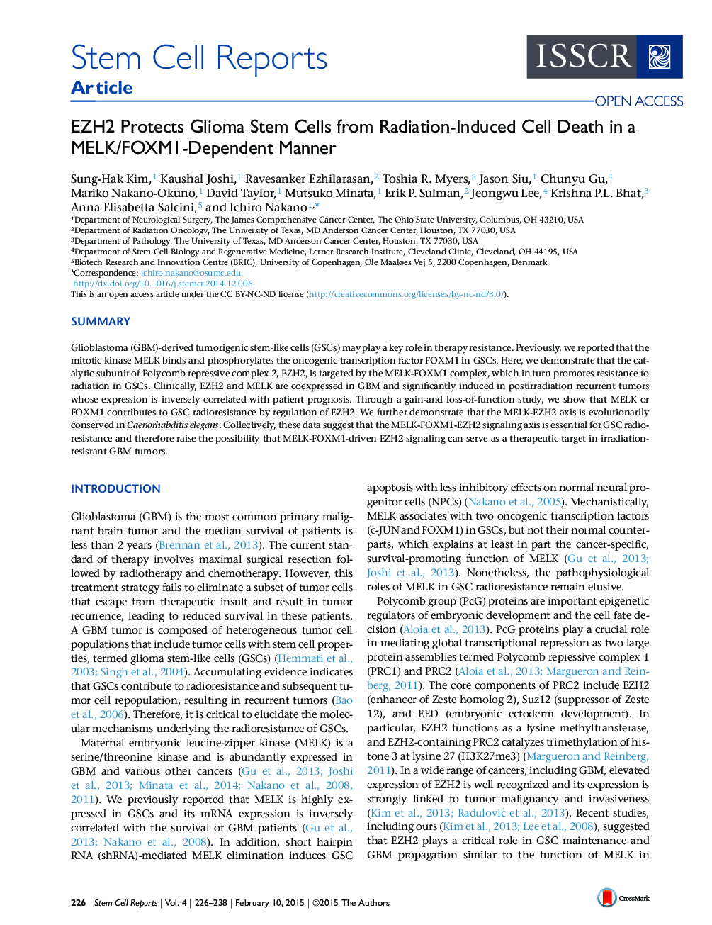 EZH2 Protects Glioma Stem Cells from Radiation-Induced Cell Death in a MELK/FOXM1-Dependent Manner 