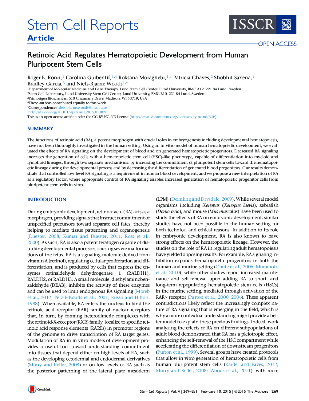 Retinoic Acid Regulates Hematopoietic Development from Human Pluripotent Stem Cells 