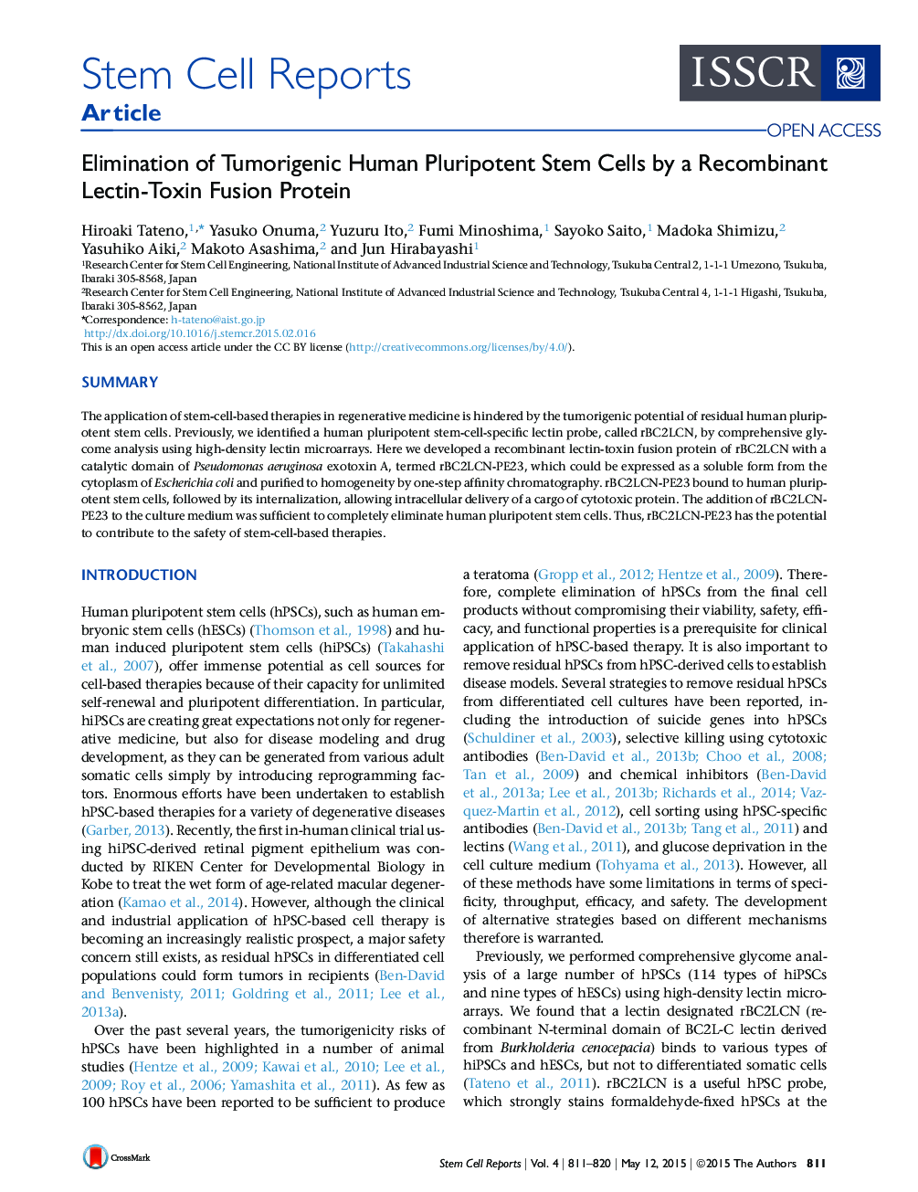 Elimination of Tumorigenic Human Pluripotent Stem Cells by a Recombinant Lectin-Toxin Fusion Protein 