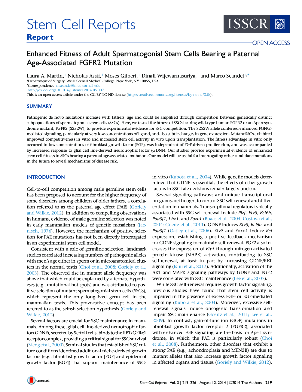 Enhanced Fitness of Adult Spermatogonial Stem Cells Bearing a Paternal Age-Associated FGFR2 Mutation 
