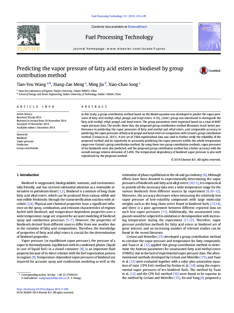 Predicting the vapor pressure of fatty acid esters in biodiesel by group contribution method