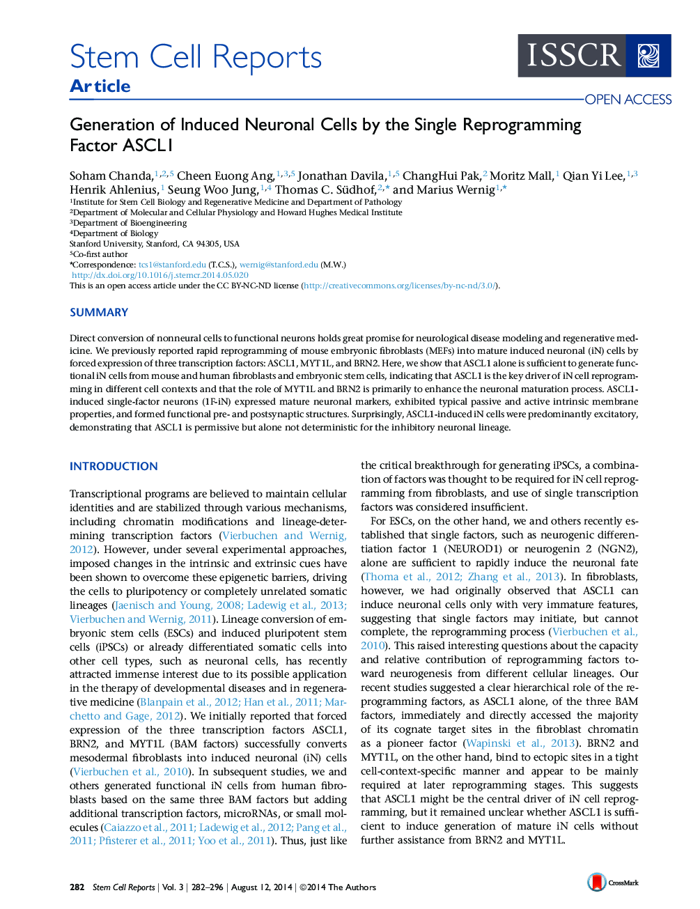 Generation of Induced Neuronal Cells by the Single Reprogramming Factor ASCL1 