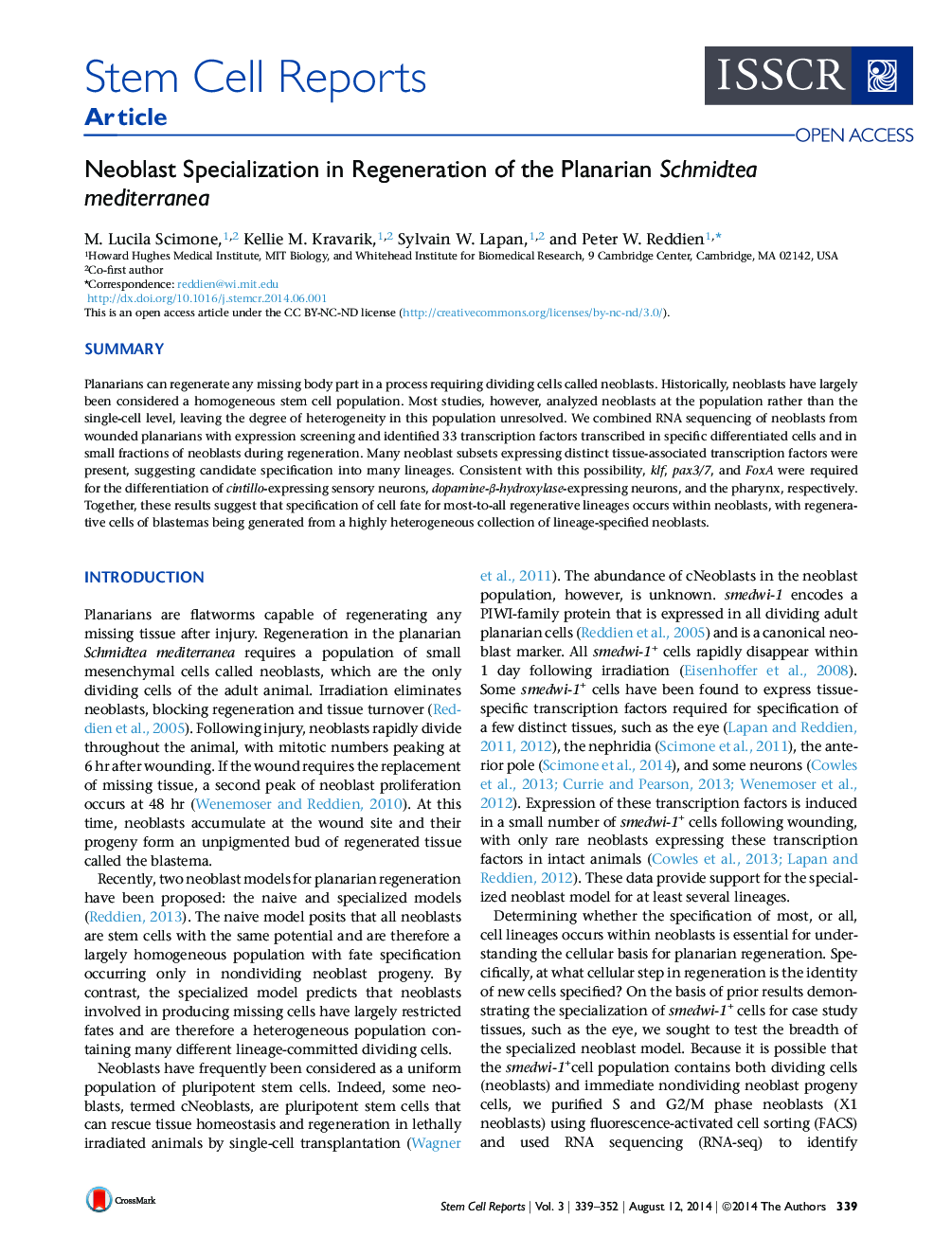 Neoblast Specialization in Regeneration of the Planarian Schmidtea mediterranea 