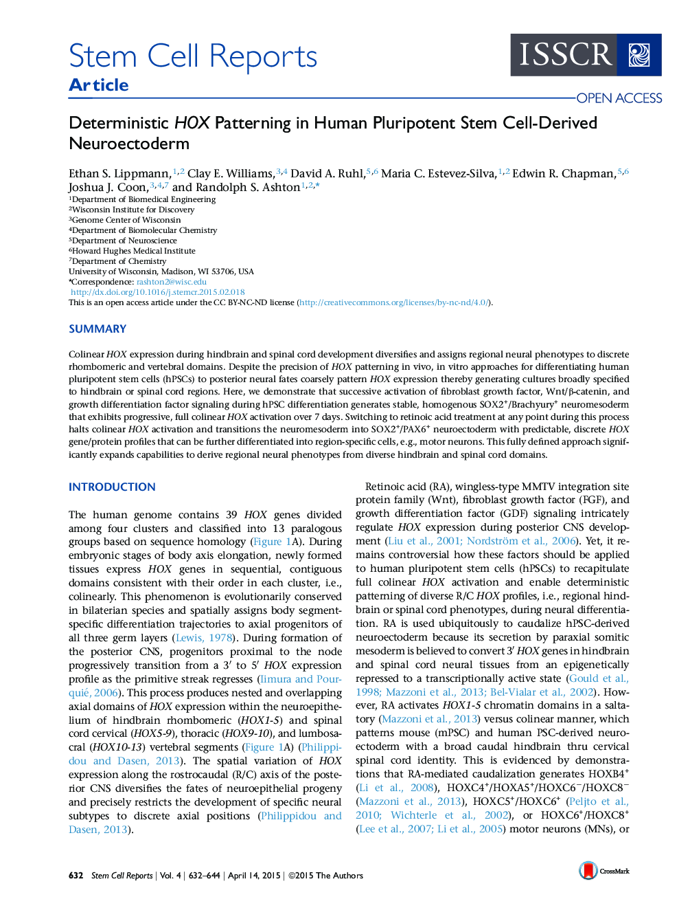 Deterministic HOX Patterning in Human Pluripotent Stem Cell-Derived Neuroectoderm 