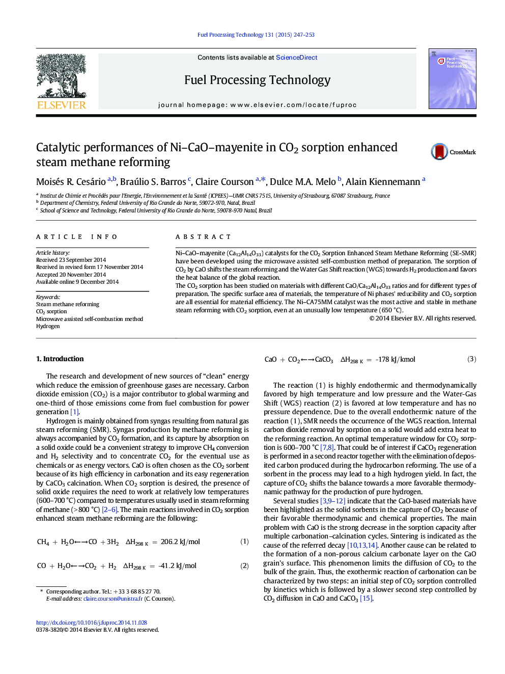 Catalytic performances of Ni–CaO–mayenite in CO2 sorption enhanced steam methane reforming