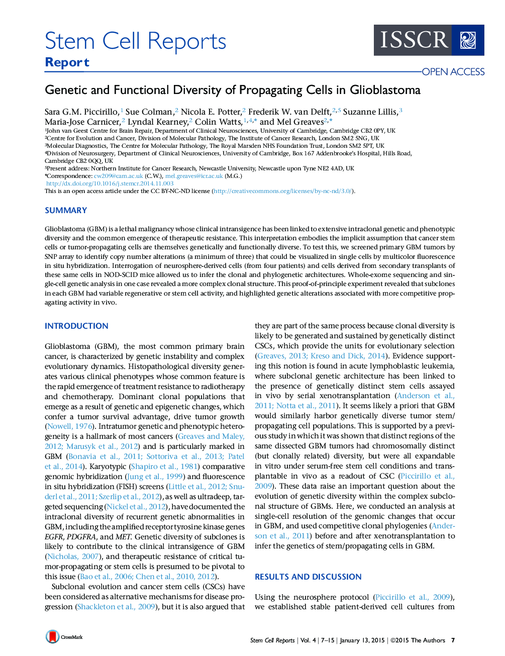 Genetic and Functional Diversity of Propagating Cells in Glioblastoma 