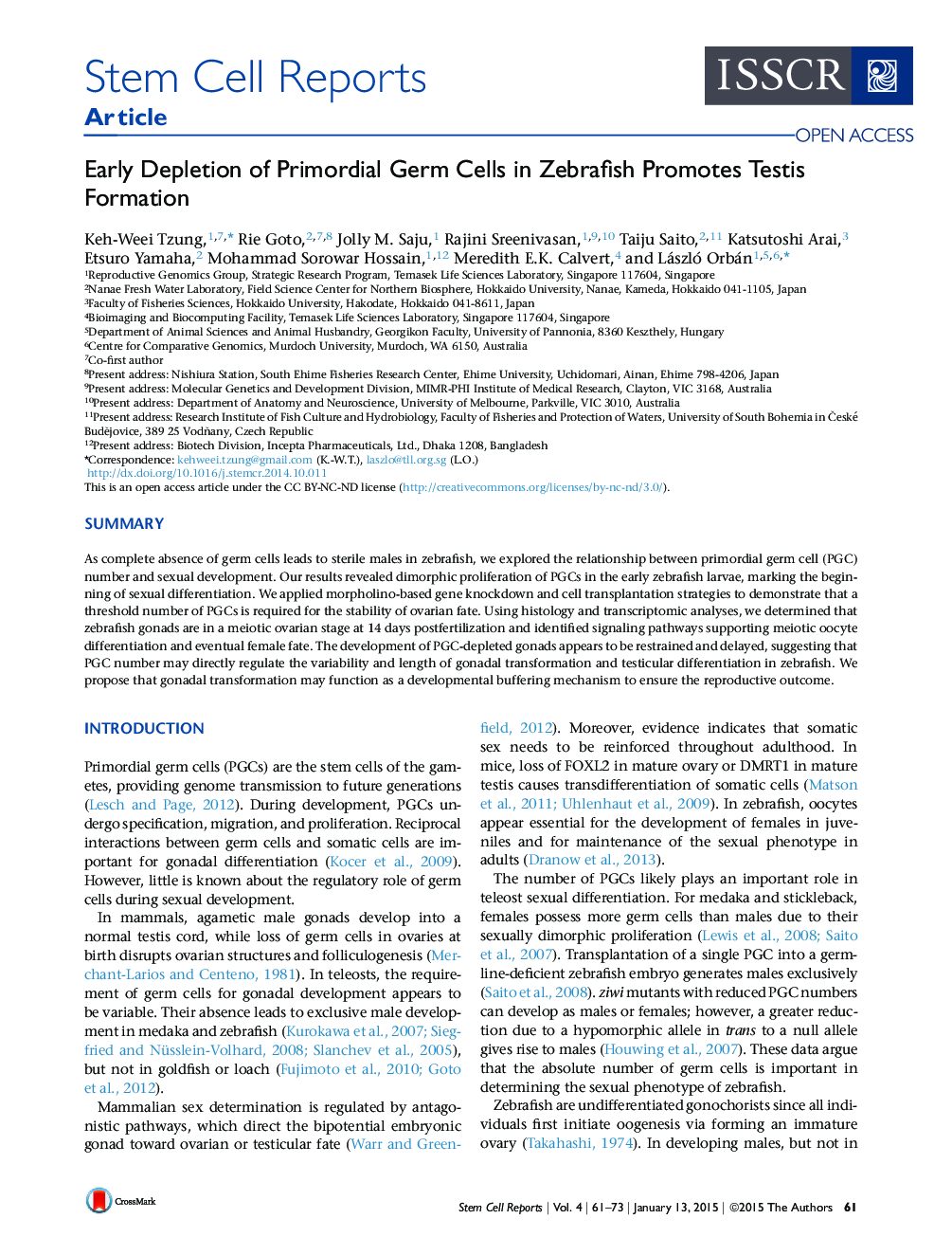 Early Depletion of Primordial Germ Cells in Zebrafish Promotes Testis Formation 