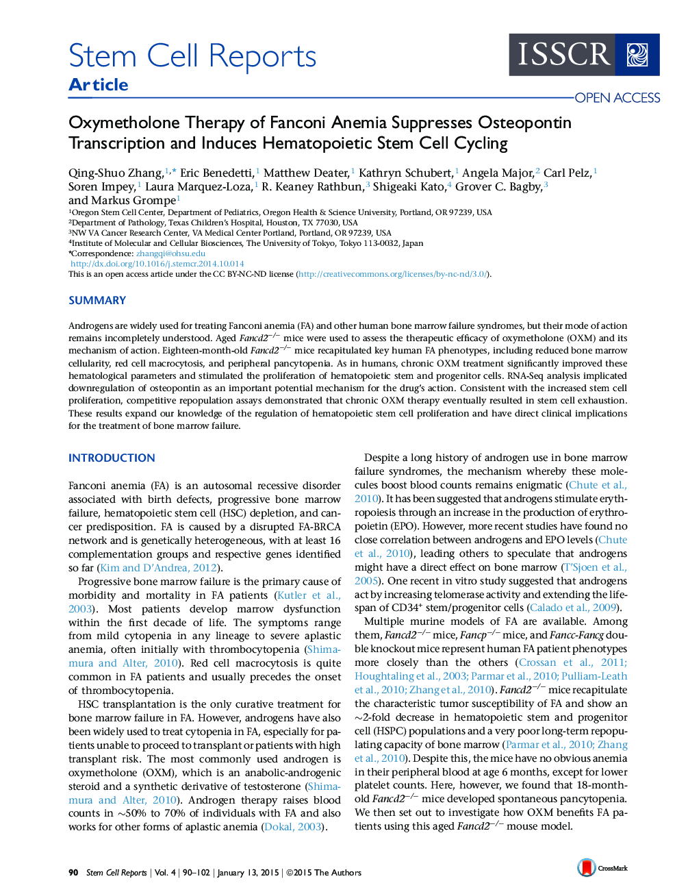 Oxymetholone Therapy of Fanconi Anemia Suppresses Osteopontin Transcription and Induces Hematopoietic Stem Cell Cycling 