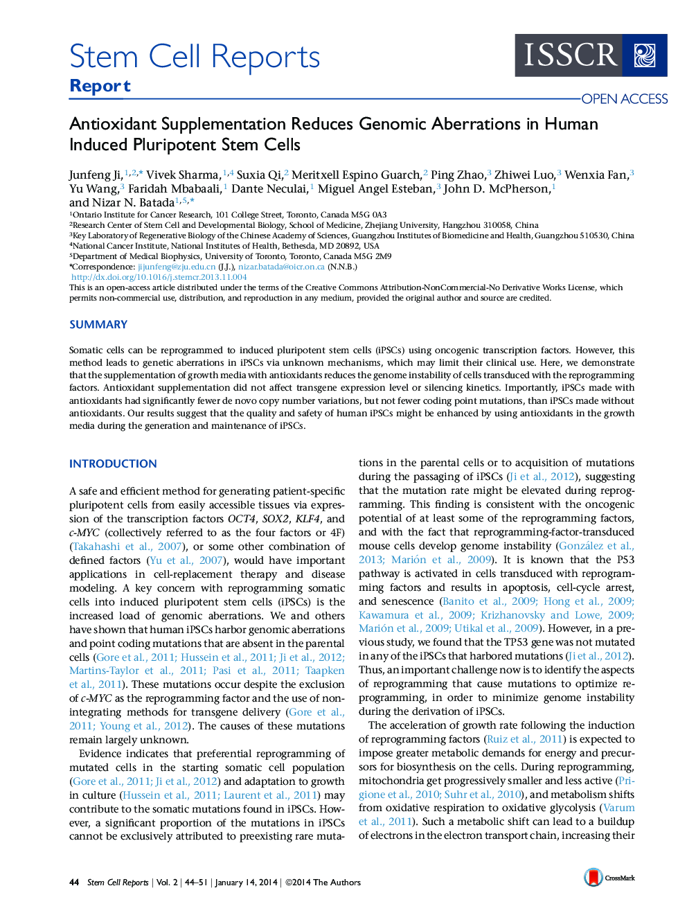 Antioxidant Supplementation Reduces Genomic Aberrations in Human Induced Pluripotent Stem Cells 