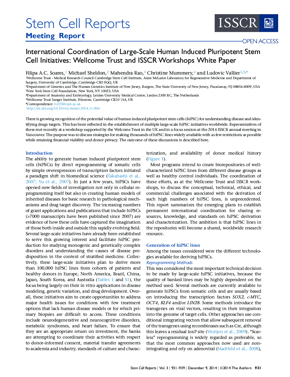 International Coordination of Large-Scale Human Induced Pluripotent Stem Cell Initiatives: Wellcome Trust and ISSCR Workshops White Paper