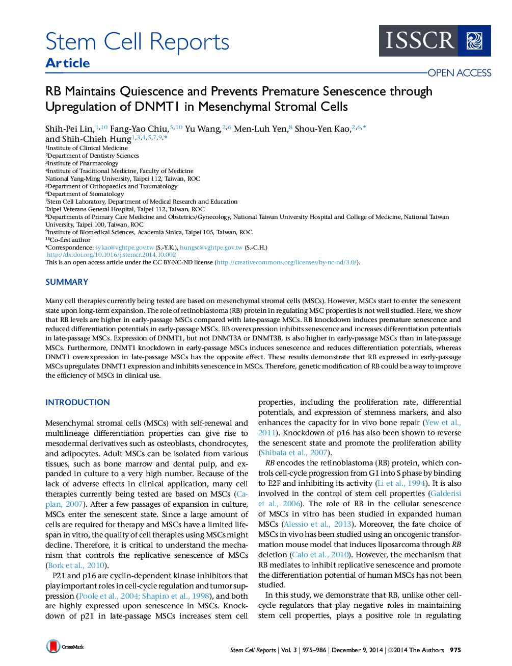 RB Maintains Quiescence and Prevents Premature Senescence through Upregulation of DNMT1 in Mesenchymal Stromal Cells 