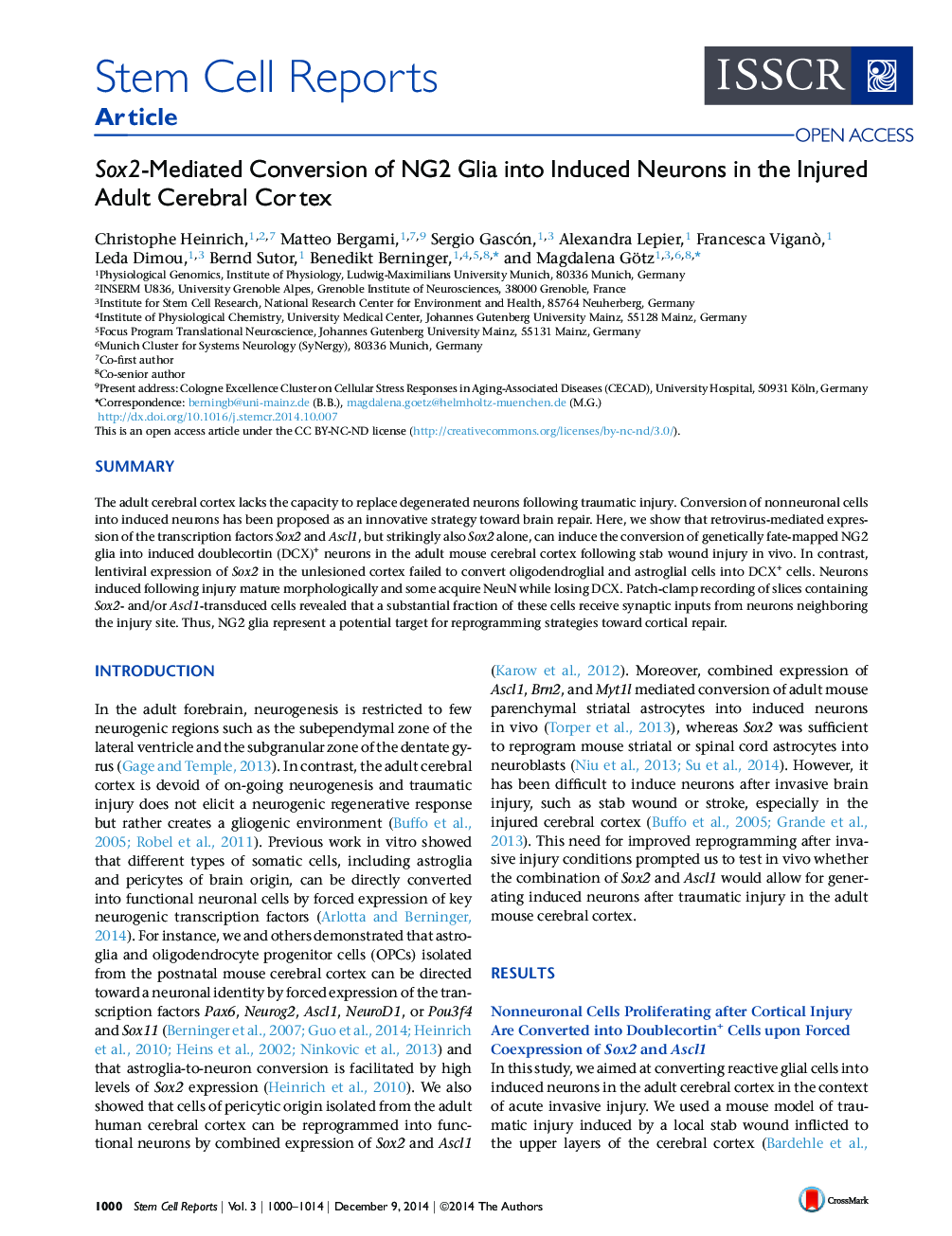 Sox2-Mediated Conversion of NG2 Glia into Induced Neurons in the Injured Adult Cerebral Cortex 