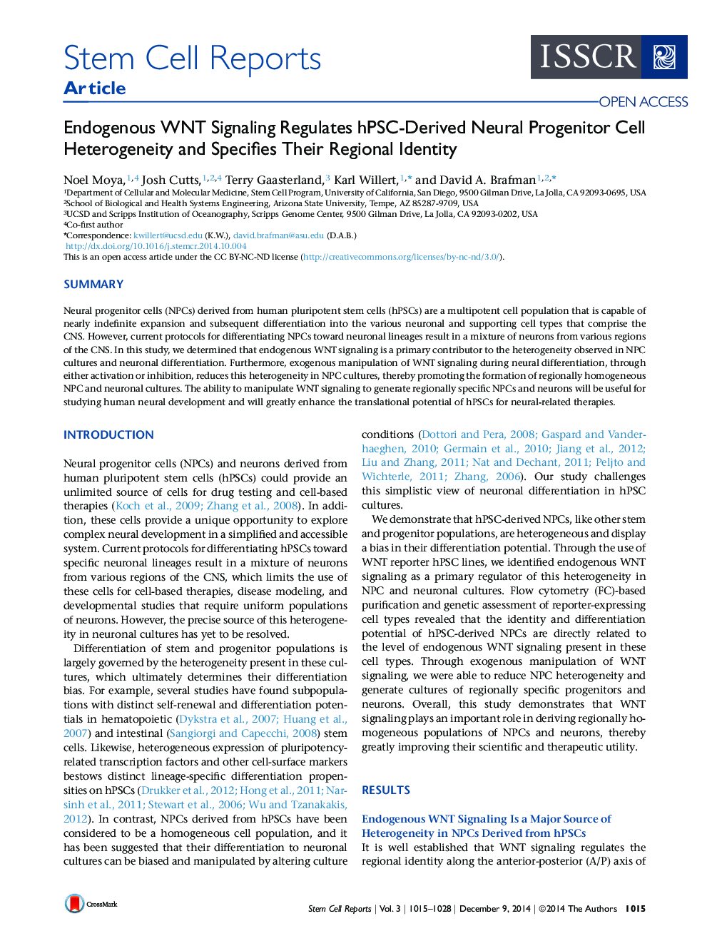 Endogenous WNT Signaling Regulates hPSC-Derived Neural Progenitor Cell Heterogeneity and Specifies Their Regional Identity 