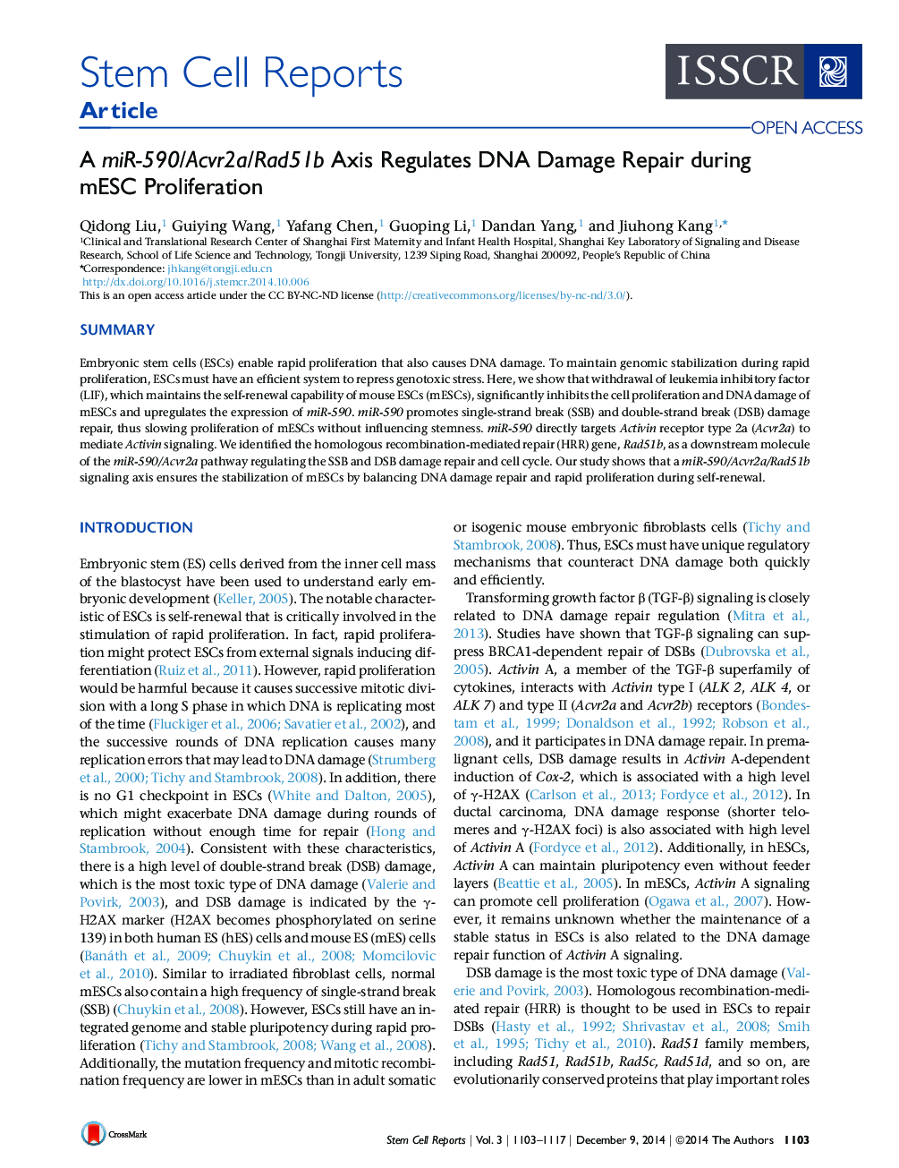 A miR-590/Acvr2a/Rad51b Axis Regulates DNA Damage Repair during mESC Proliferation 
