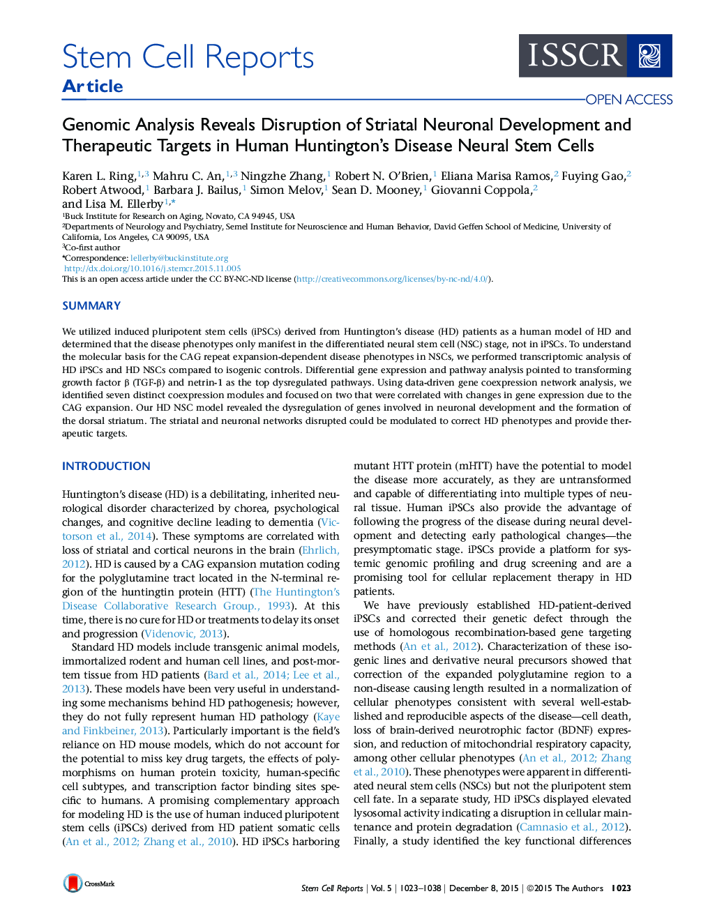 Genomic Analysis Reveals Disruption of Striatal Neuronal Development and Therapeutic Targets in Human Huntington’s Disease Neural Stem Cells 
