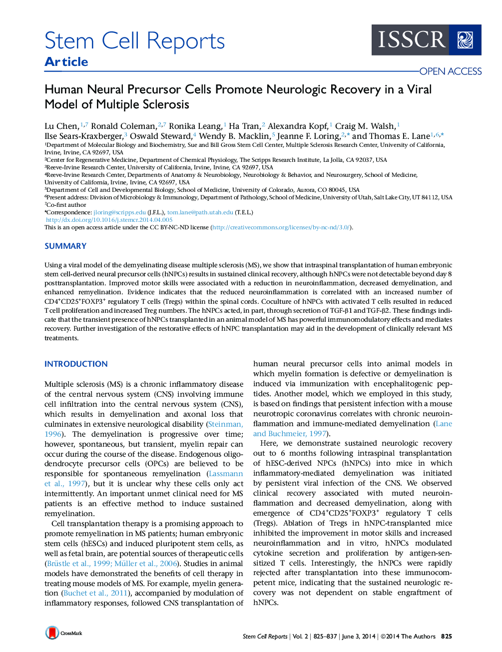 Human Neural Precursor Cells Promote Neurologic Recovery in a Viral Model of Multiple Sclerosis 