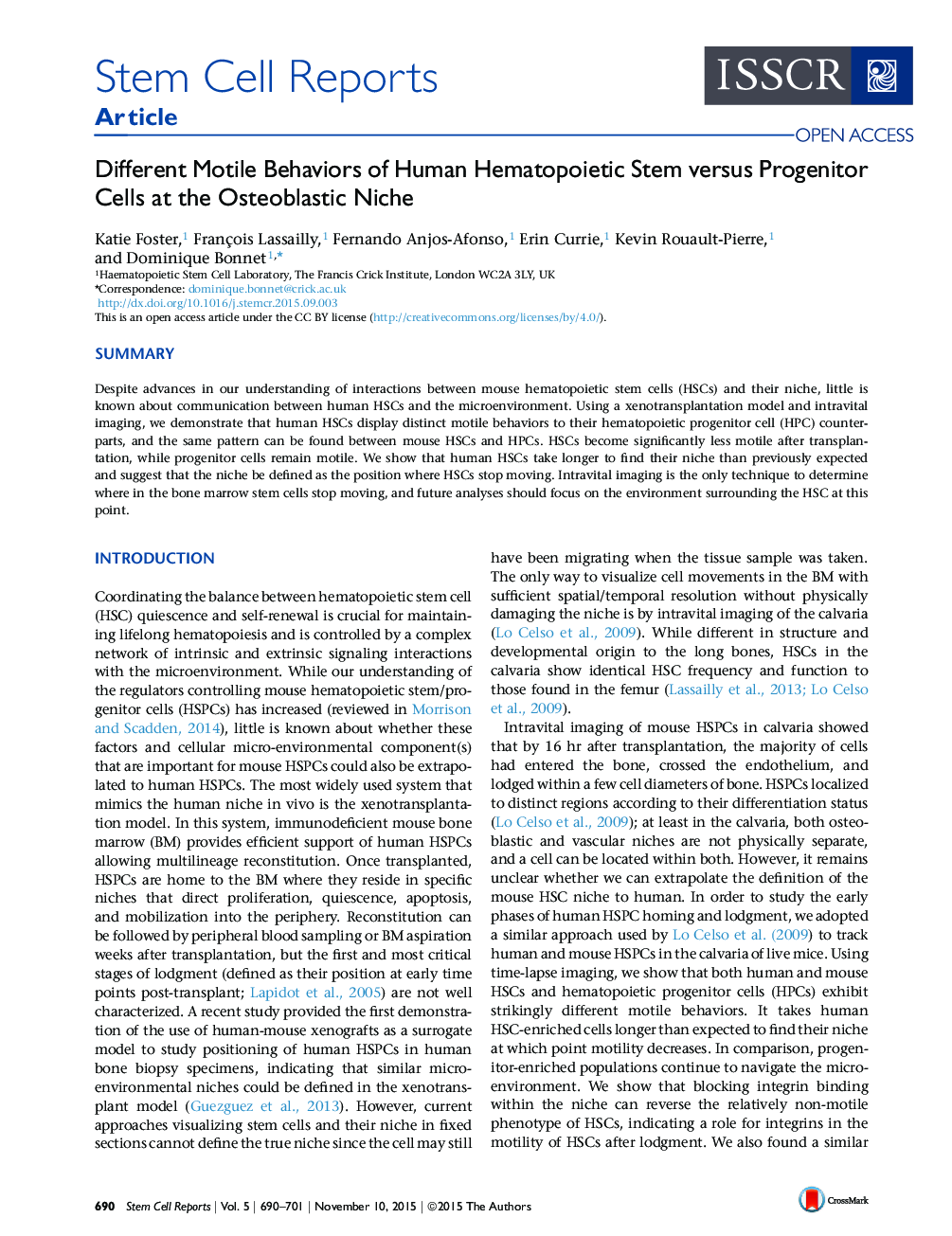 Different Motile Behaviors of Human Hematopoietic Stem versus Progenitor Cells at the Osteoblastic Niche 