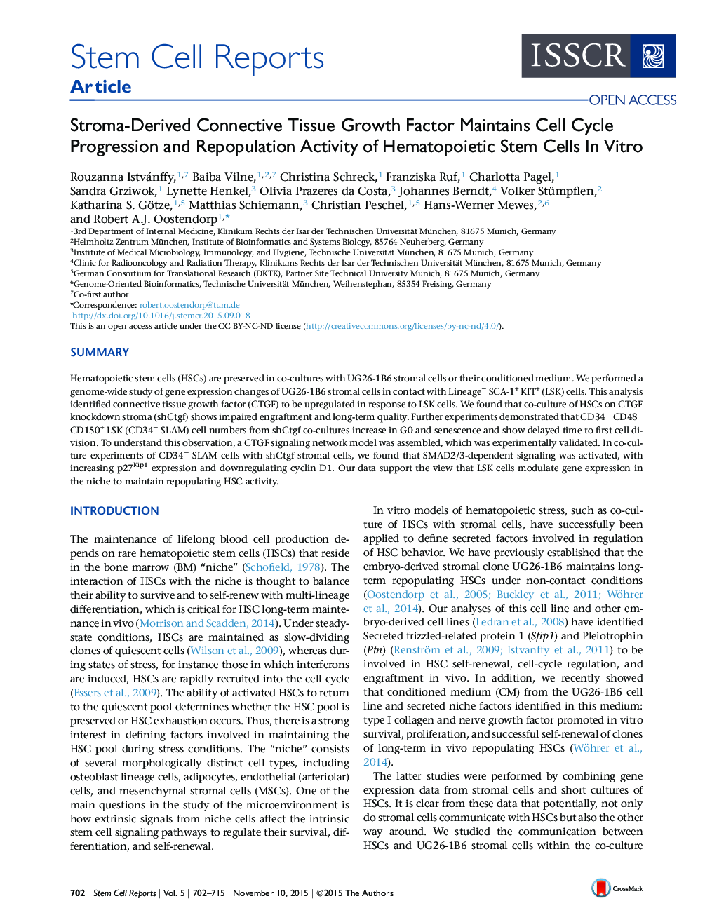 Stroma-Derived Connective Tissue Growth Factor Maintains Cell Cycle Progression and Repopulation Activity of Hematopoietic Stem Cells In Vitro 