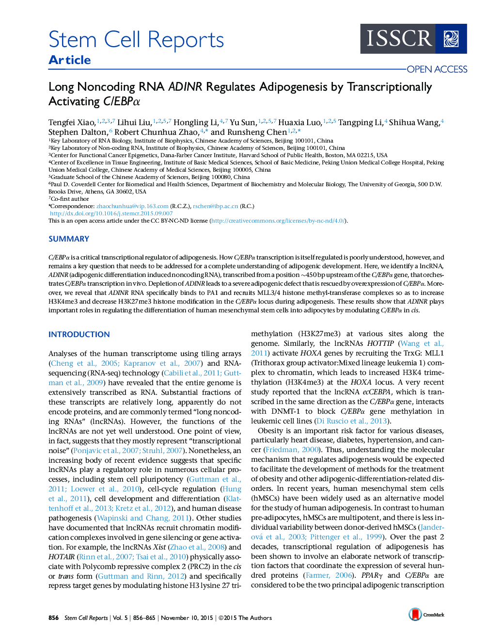 Long Noncoding RNA ADINR Regulates Adipogenesis by Transcriptionally Activating C/EBPα 