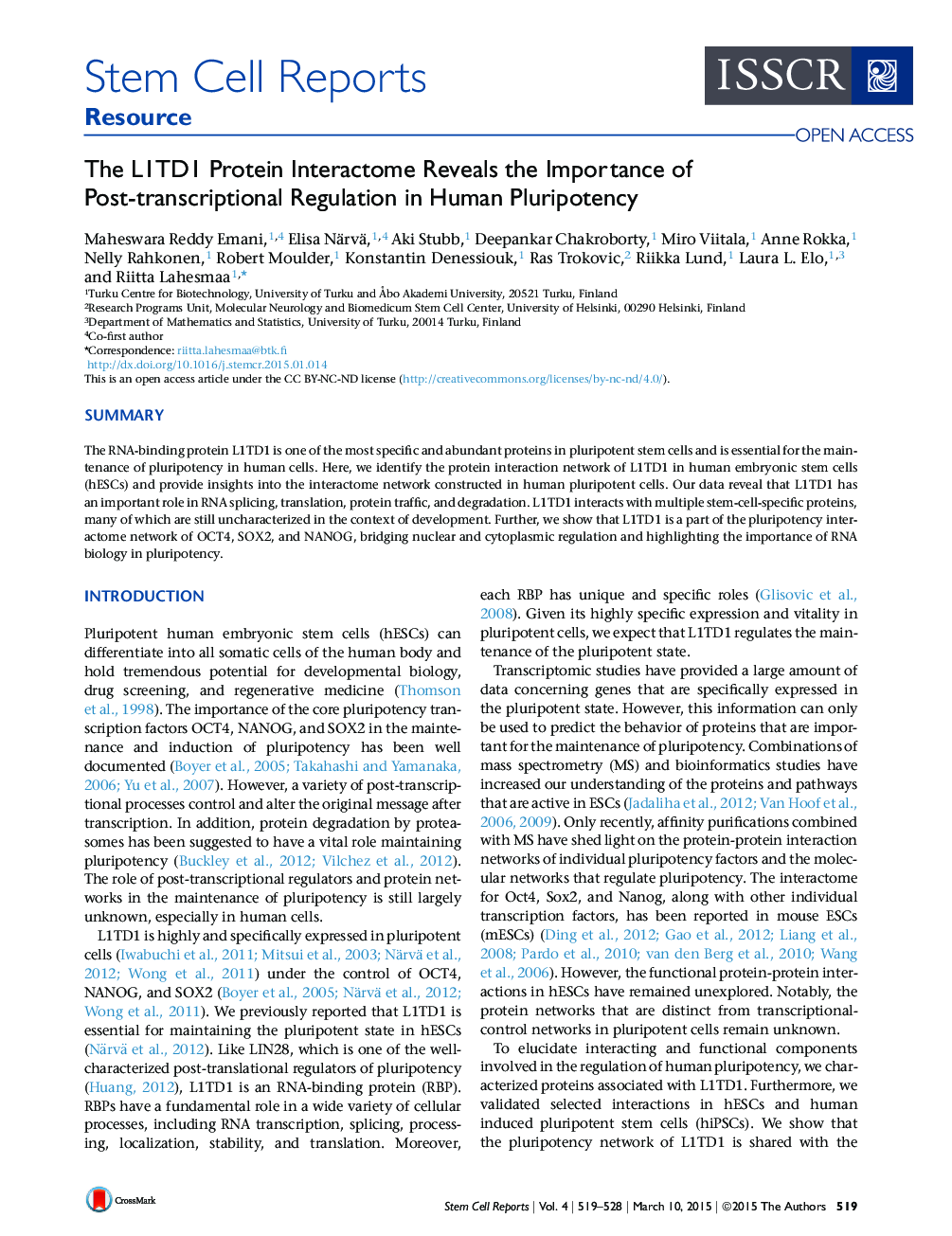 The L1TD1 Protein Interactome Reveals the Importance of Post-transcriptional Regulation in Human Pluripotency 