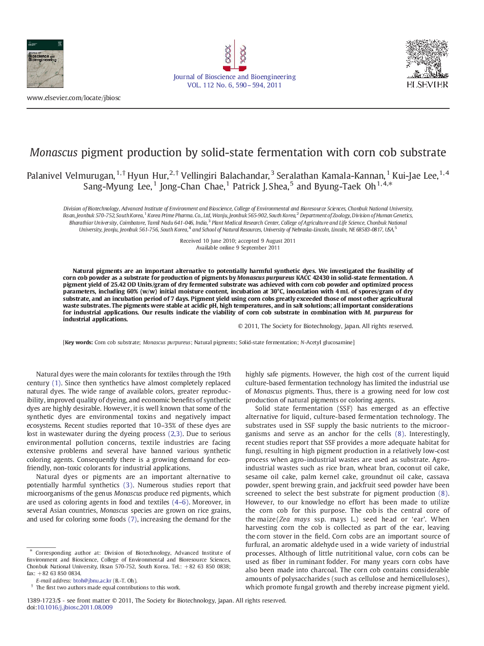 Monascus pigment production by solid-state fermentation with corn cob substrate