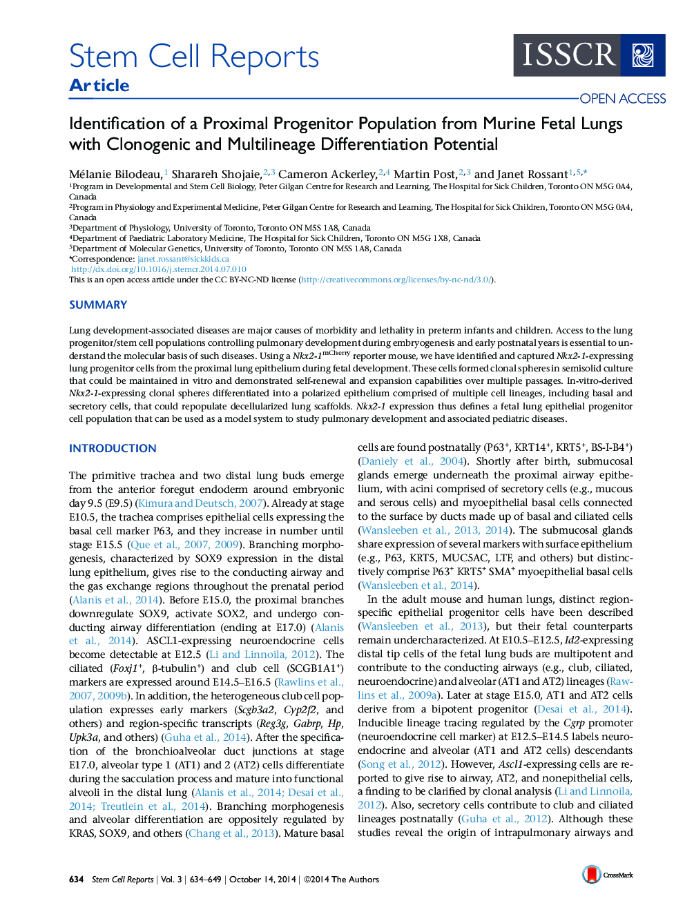 Identification of a Proximal Progenitor Population from Murine Fetal Lungs with Clonogenic and Multilineage Differentiation Potential 