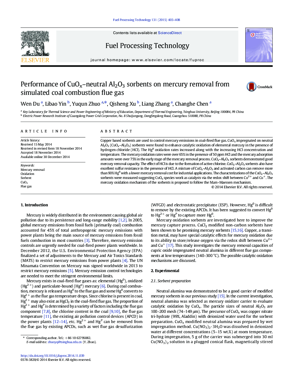 Performance of CuOx–neutral Al2O3 sorbents on mercury removal from simulated coal combustion flue gas