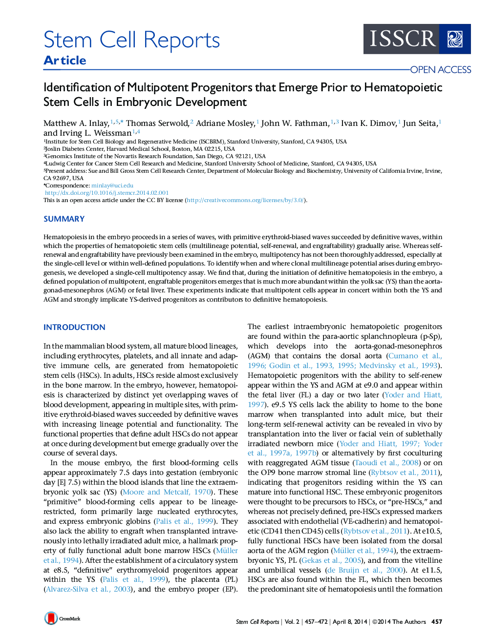 Identification of Multipotent Progenitors that Emerge Prior to Hematopoietic Stem Cells in Embryonic Development 