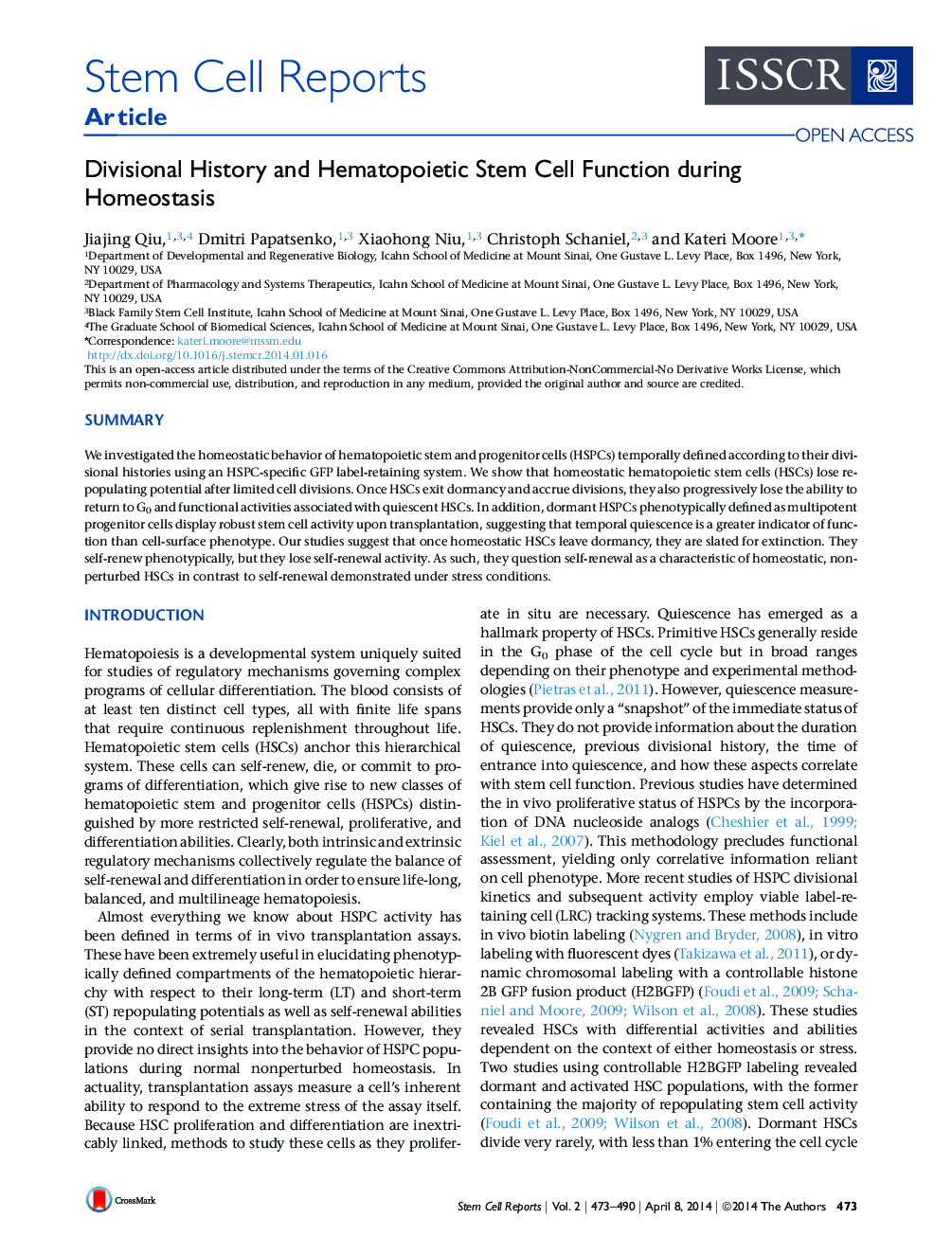 تاریخچه بخش و عملکرد سلول های بنیادی هماتوپوئید در طی هوموستازیس 