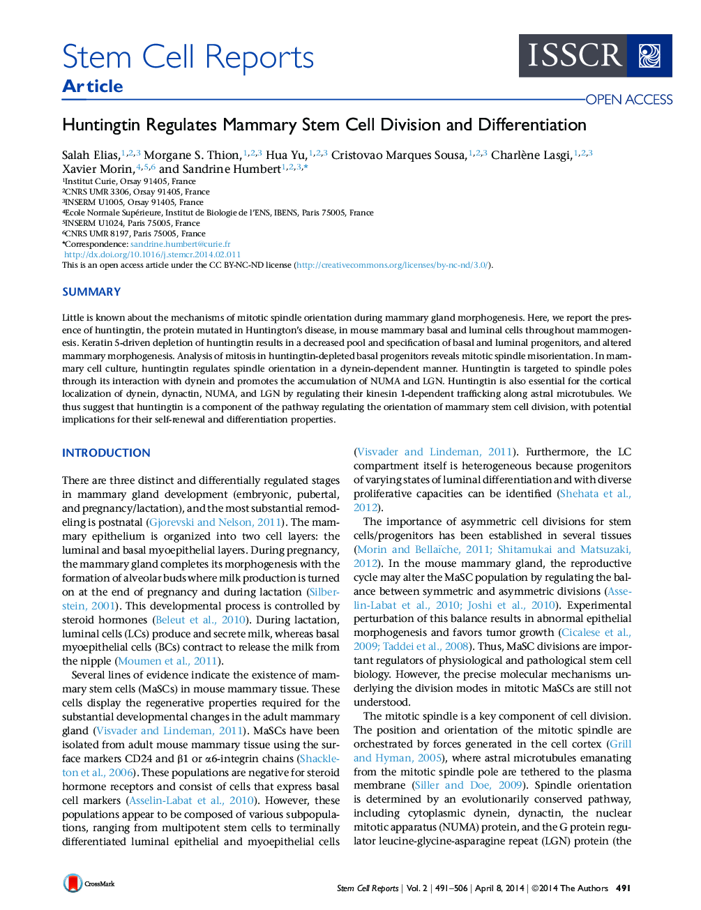 Huntingtin Regulates Mammary Stem Cell Division and Differentiation 
