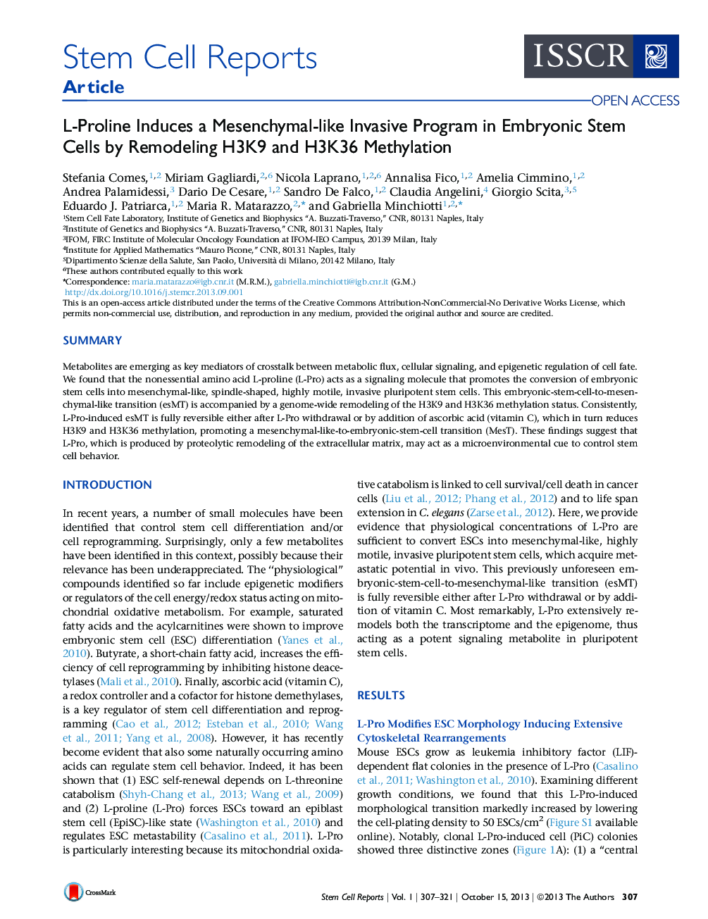 L-Proline Induces a Mesenchymal-like Invasive Program in Embryonic Stem Cells by Remodeling H3K9 and H3K36 Methylation 