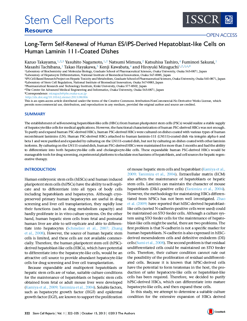 Long-Term Self-Renewal of Human ES/iPS-Derived Hepatoblast-like Cells on Human Laminin 111-Coated Dishes 