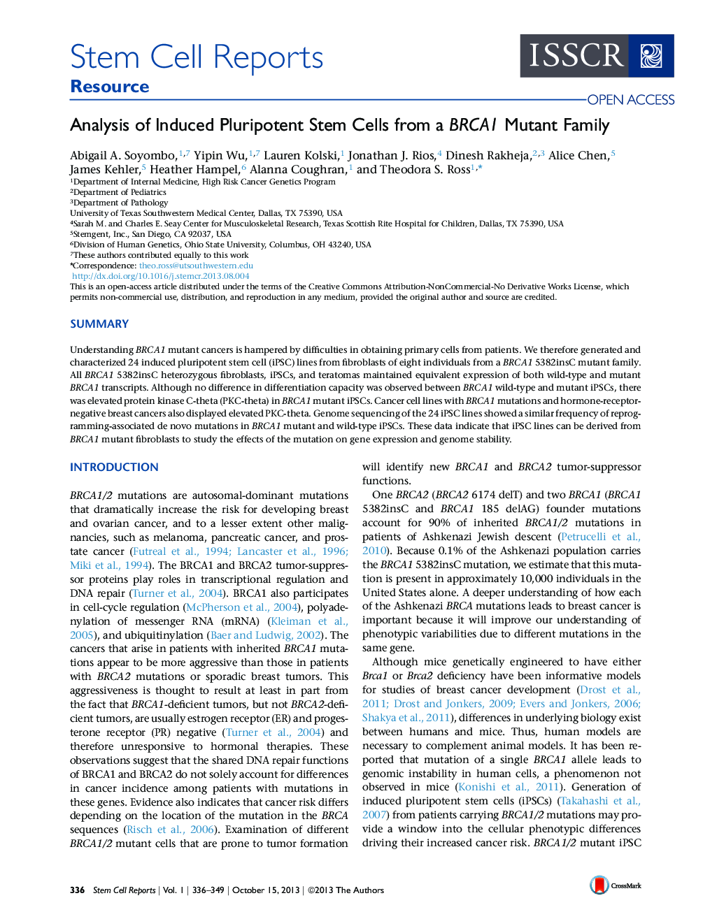 Analysis of Induced Pluripotent Stem Cells from a BRCA1 Mutant Family 